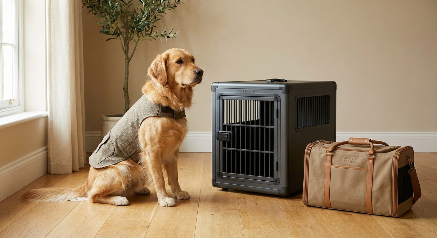 A golden retriever sitting beside a hard-sided travel crate and a soft carrier bag on a light wood floor, bathed in warm natural light.