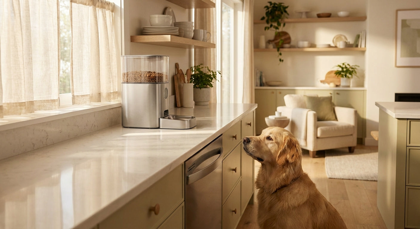 A golden retriever sitting calmly beside a modern automatic pet feeder on a sunlit kitchen countertop in a cozy home setting.