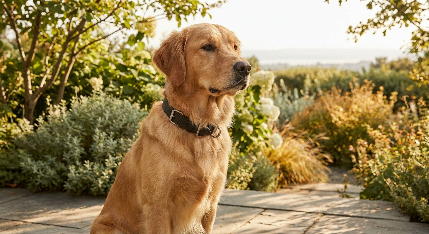 A golden retriever wearing a modern collar sits calmly in a sunlit backyard surrounded by soft green foliage, conveying safety and peace of mind.