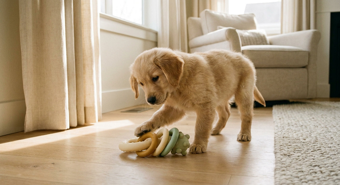 A small golden retriever puppy playfully pawing at a colorful rubber chew toy on a warm wood floor in soft natural light.