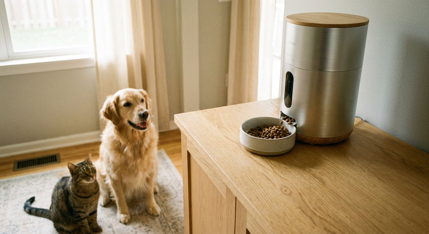 A smart automatic pet feeder dispensing food into a ceramic bowl on a kitchen counter, with a golden retriever and tabby cat waiting nearby in warm natural light.