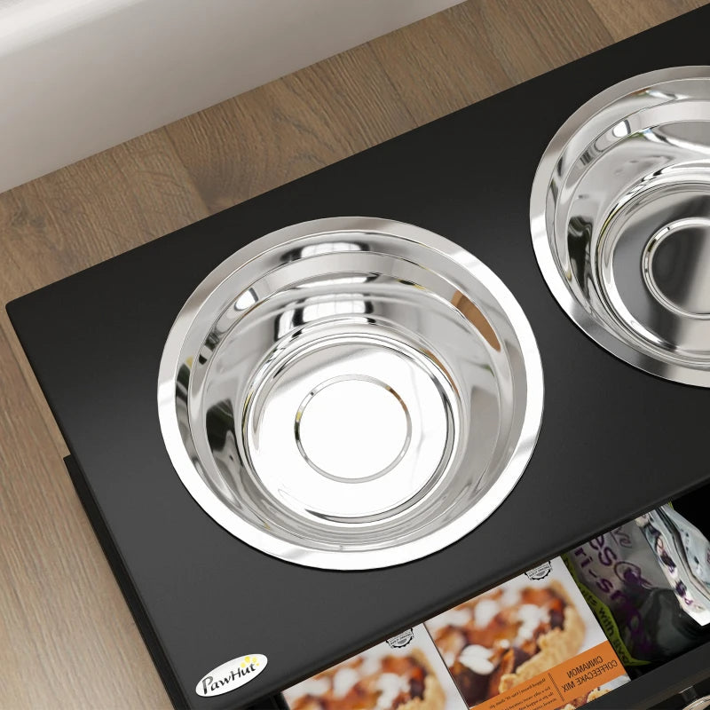 Two stainless steel bowls on a black platform with a brand logo.