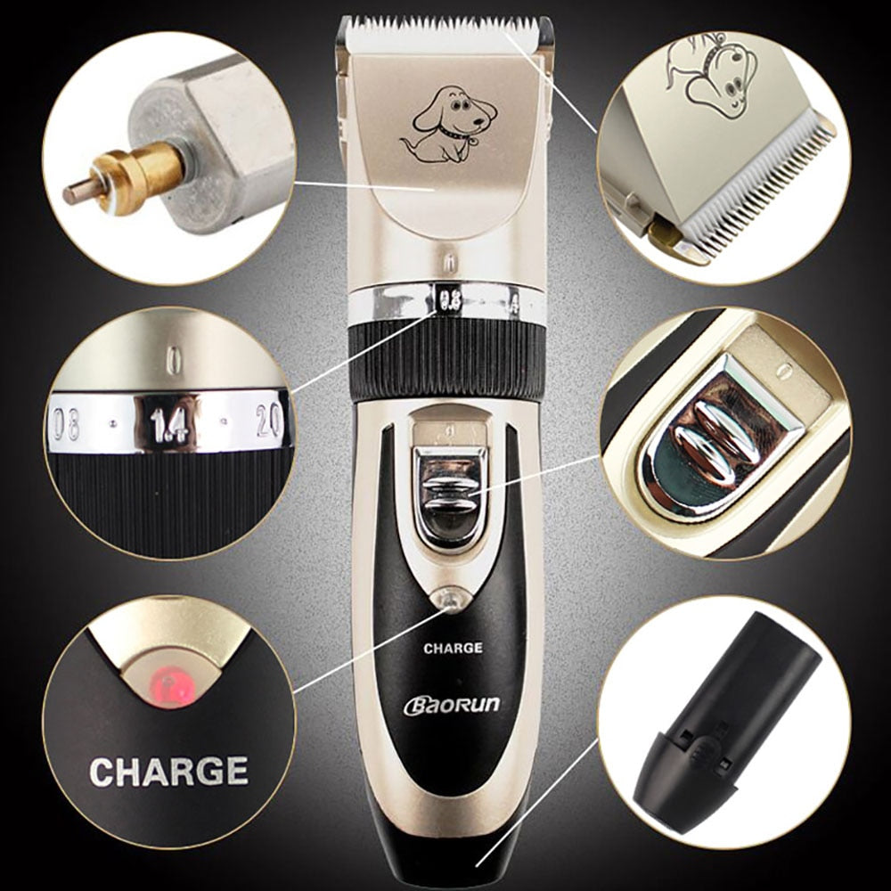The Sandbox Pets professional pet hair trimmer, featuring a gold and brown ergonomic design, shown with its complete accessory kit including four guide combs, a cleaning brush, a power adapter, and maintenance oil.