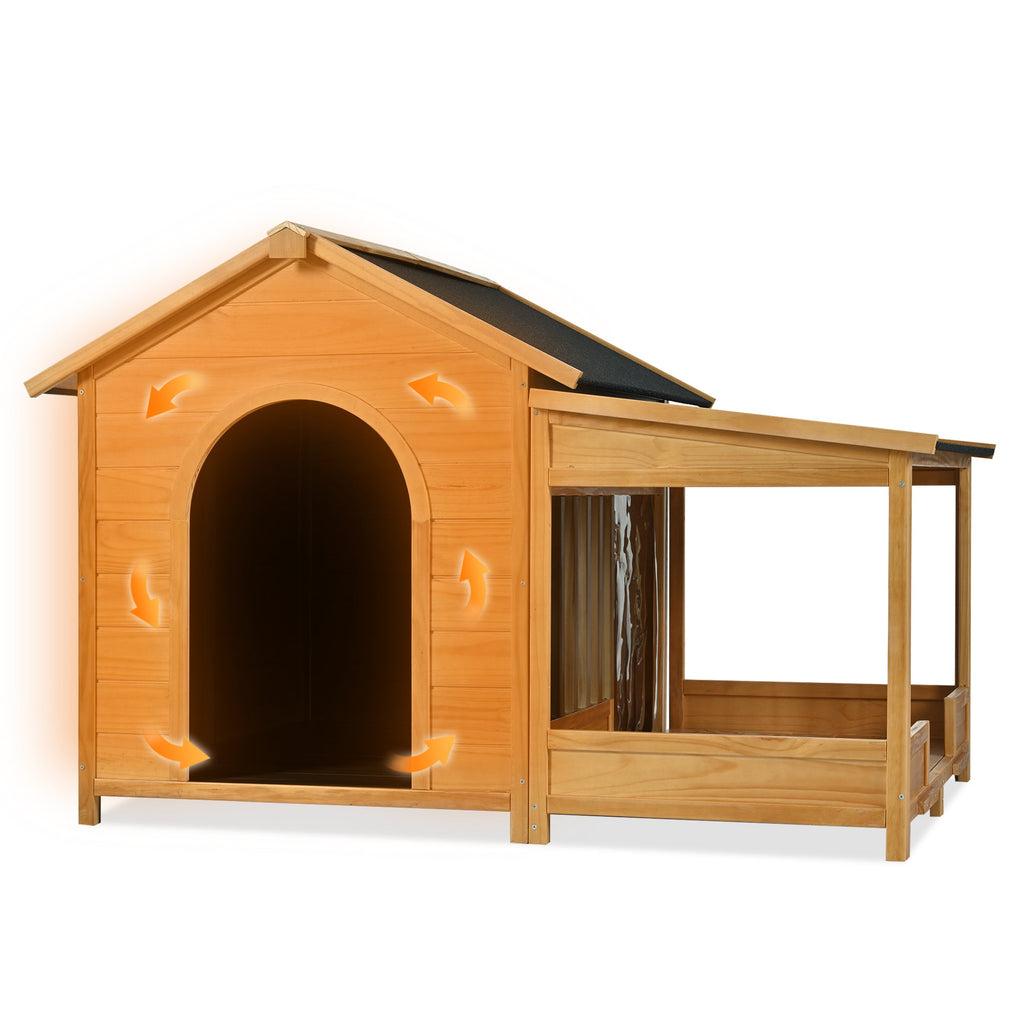 60.2' Large Outdoor Dog House with Insulated Liner for Winter, Waterproof Dog Kennel for Medium & Large Dogs, with Porch and Asphalt Roof on Elevated Flooring.