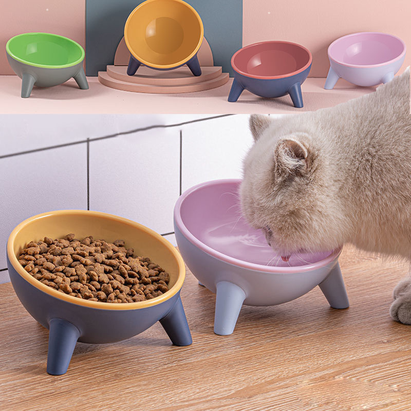 Cat drinking from a pink bowl with other colorful bowls in the background.