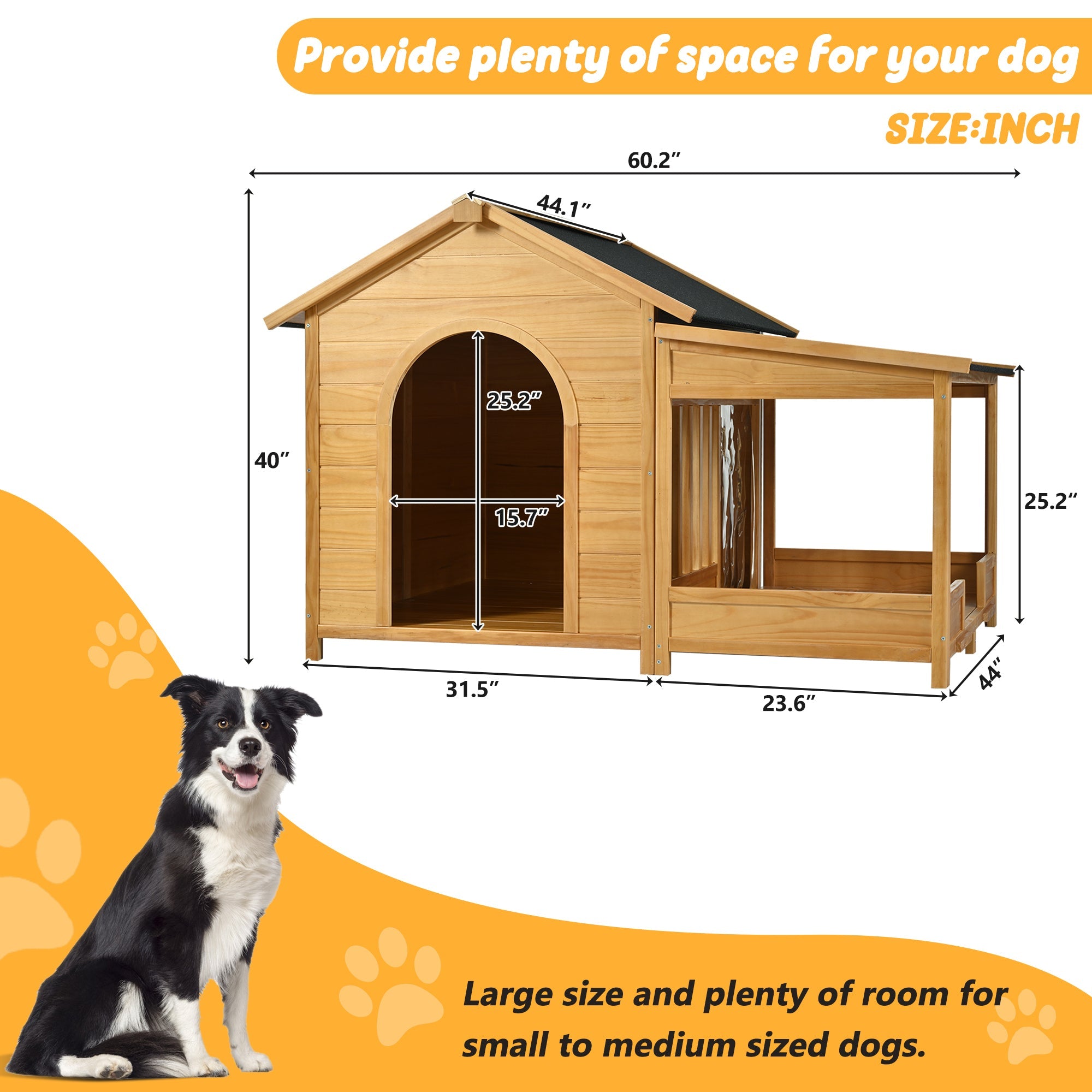 60.2' Large Outdoor Dog House with Insulated Liner for Winter, Waterproof Dog Kennel for Medium & Large Dogs, with Porch and Asphalt Roof on Elevated Flooring.