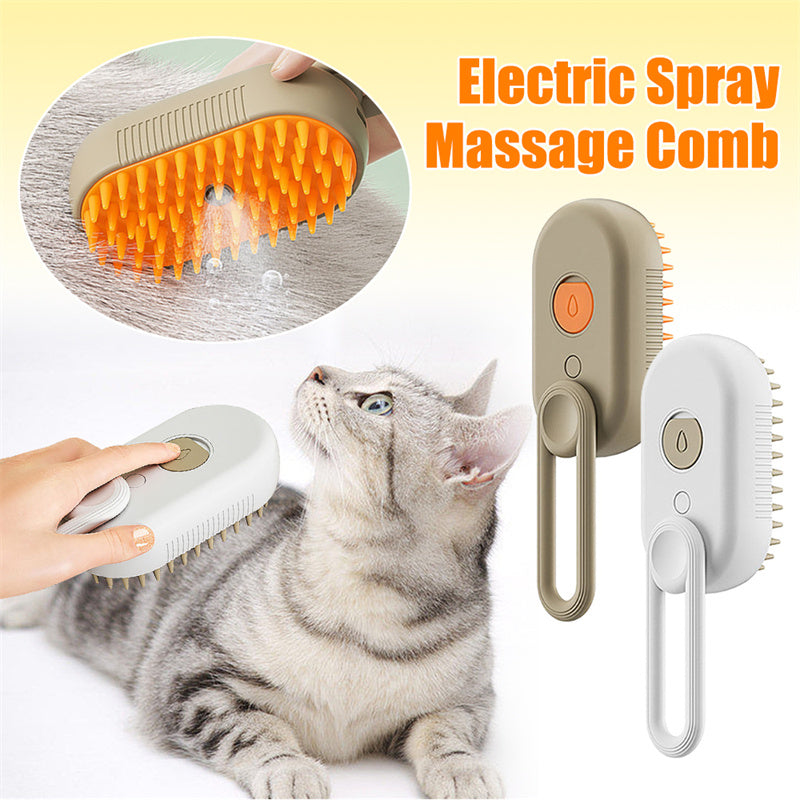 Electric spray massage comb with a cat being groomed, close-up of bristles, and product on a light yellow background.