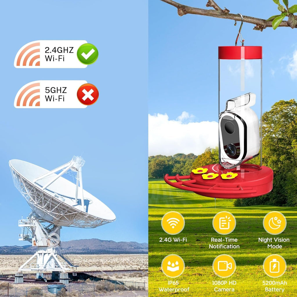 Hummingbird Feeder Camera Solar WiFi Smart AI Motion Detection 20oz
