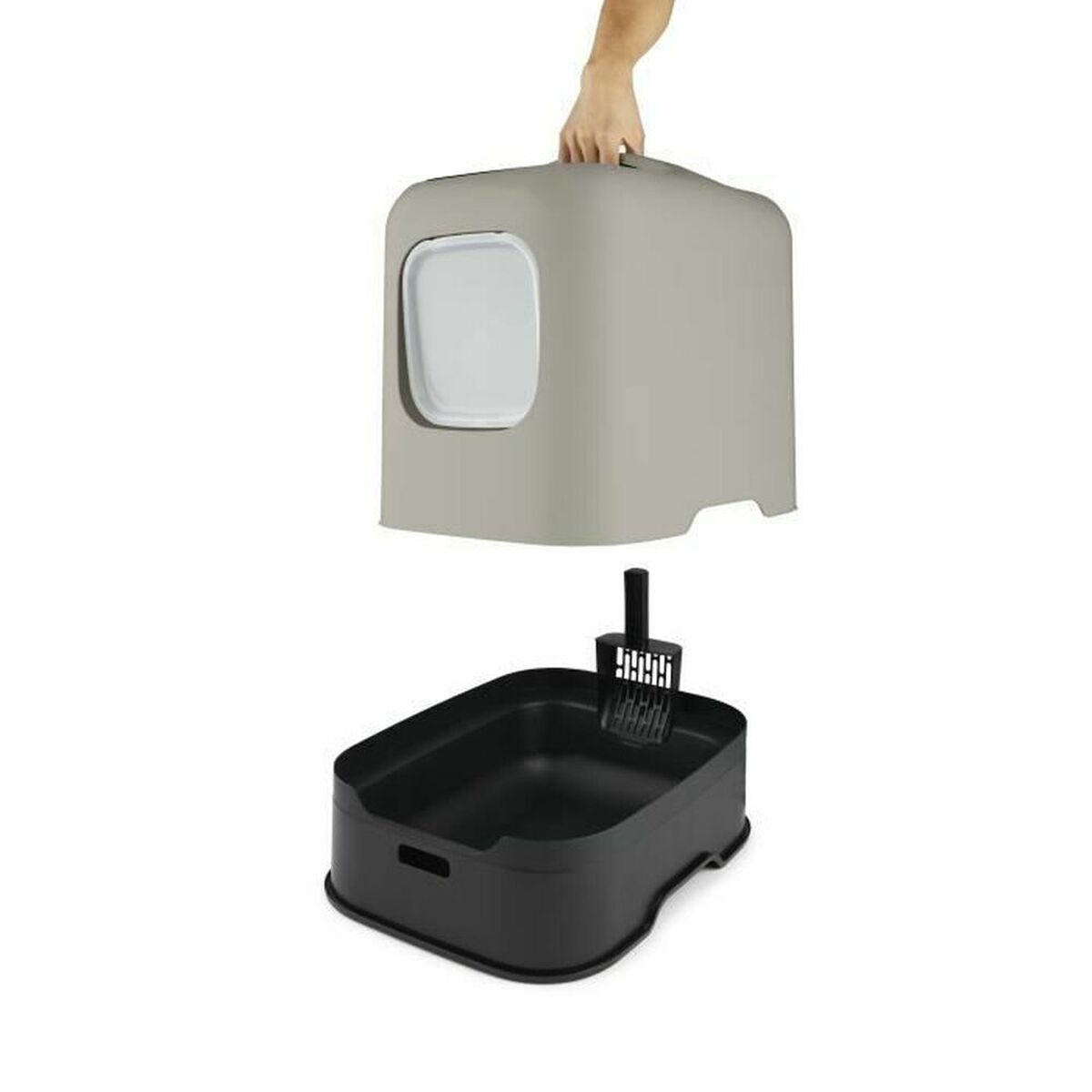 Pet litter box with a lid being held above it on a white background