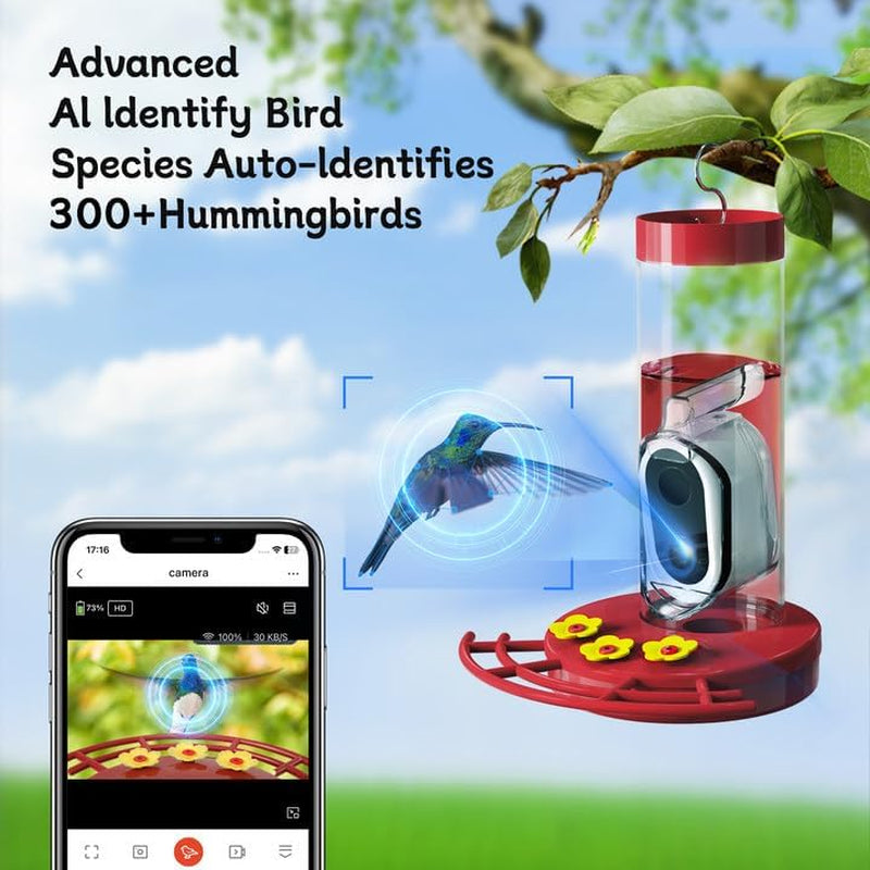 Hummingbird Feeder Camera Solar WiFi Smart AI Motion Detection 20oz