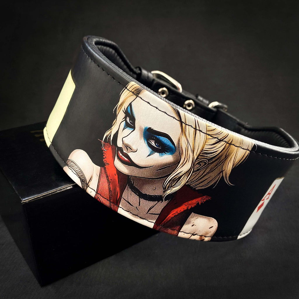 Leather wristband with a graphic design of a character on a black background