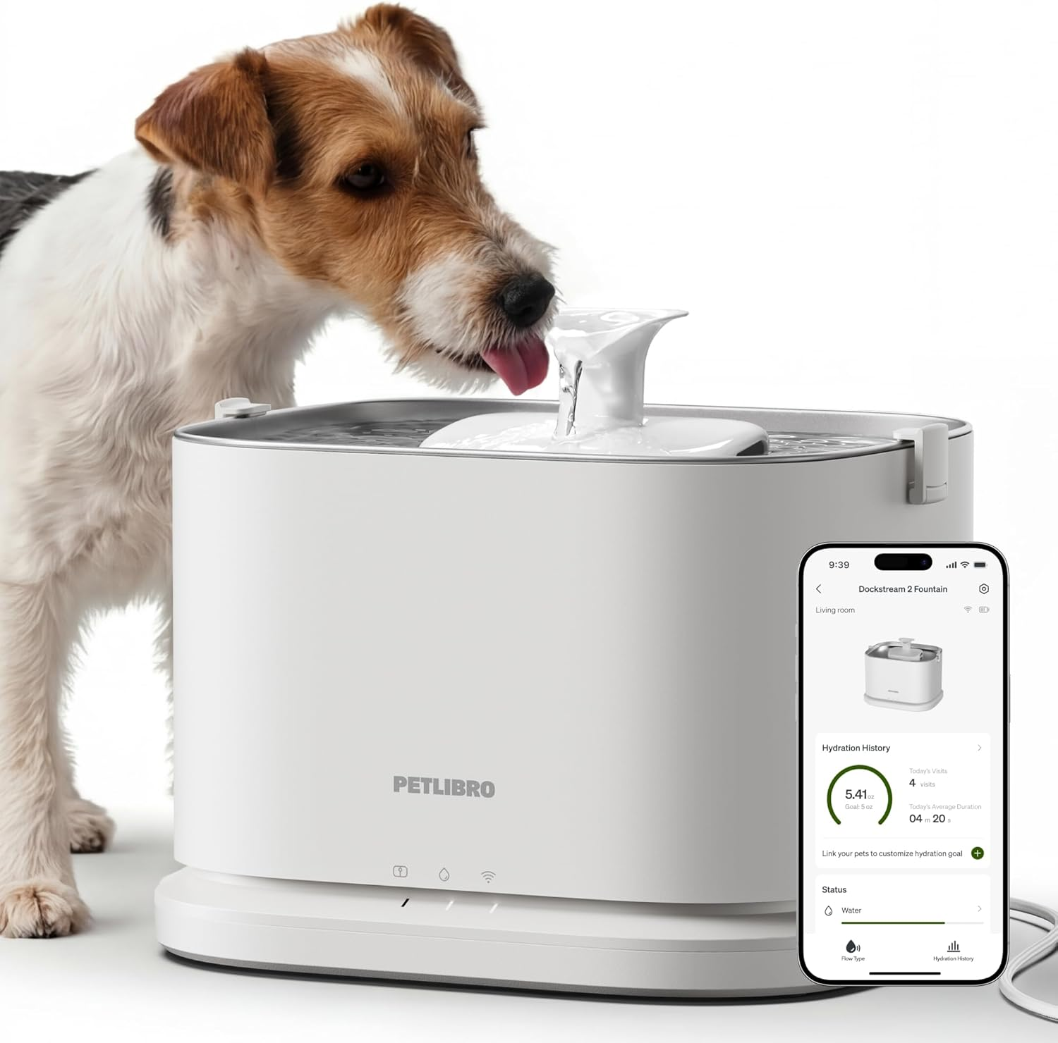 Dog drinking from a PETLIBRO pet fountain with a smartphone displaying the app on a white background