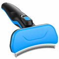 A pet grooming brush with a black and blue handle, a bright blue rubberized pad, and silver metal bristles on a white background.