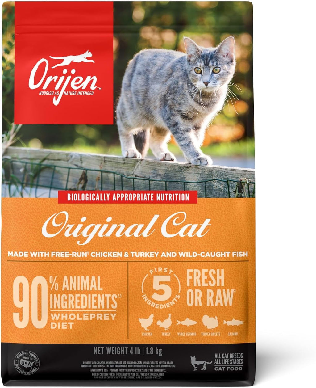 Orijen cat food package with a cat on a wooden fence