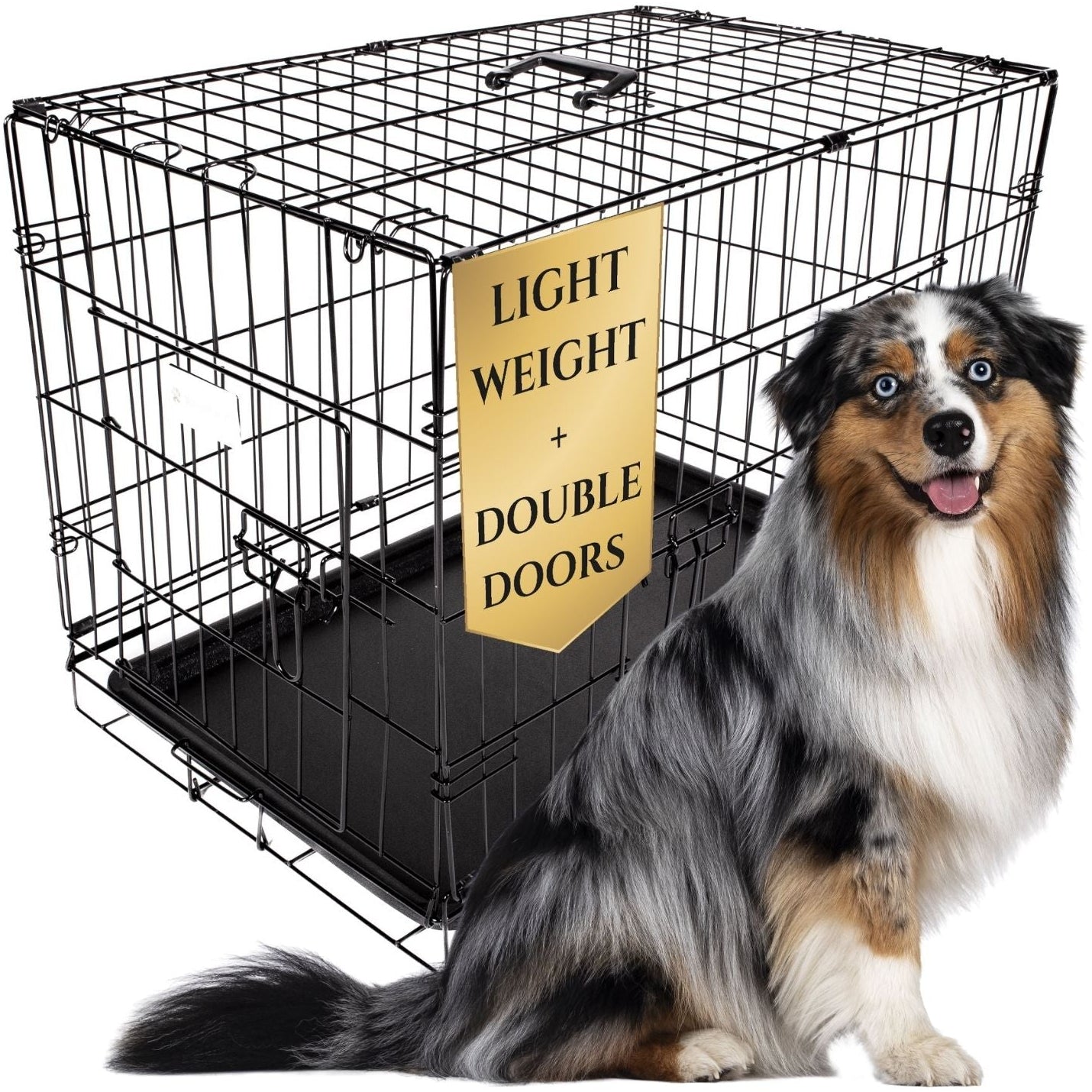 Dog sitting next to a black wire dog crate with a 'Lightweight + Double Doors' sign.