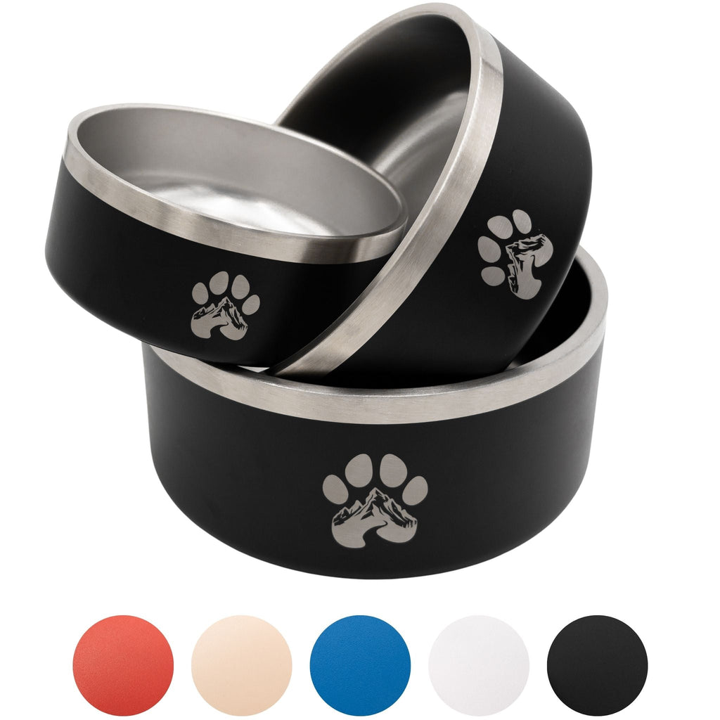 Two black pet bowls with silver rims and paw prints on a white background, with color swatches below.