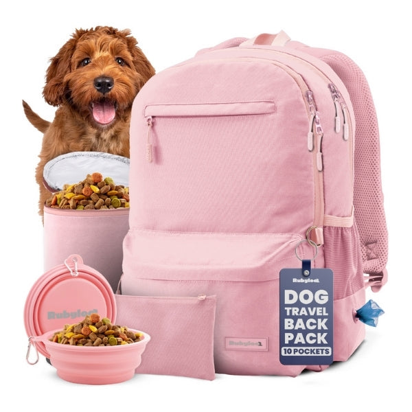 Pink dog travel backpack with bowls of dog food and a dog on a white background