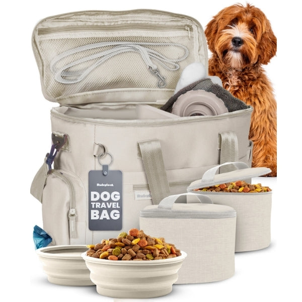 Dog travel bag with pet bowls and food, featuring a dog on a white background