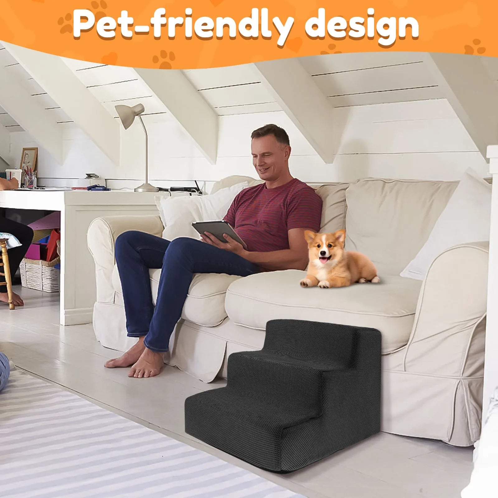 3 Step High Density, Soft Foam Ramp Stairs, Removable and Washable Non-Slip Dog/Cat Steps