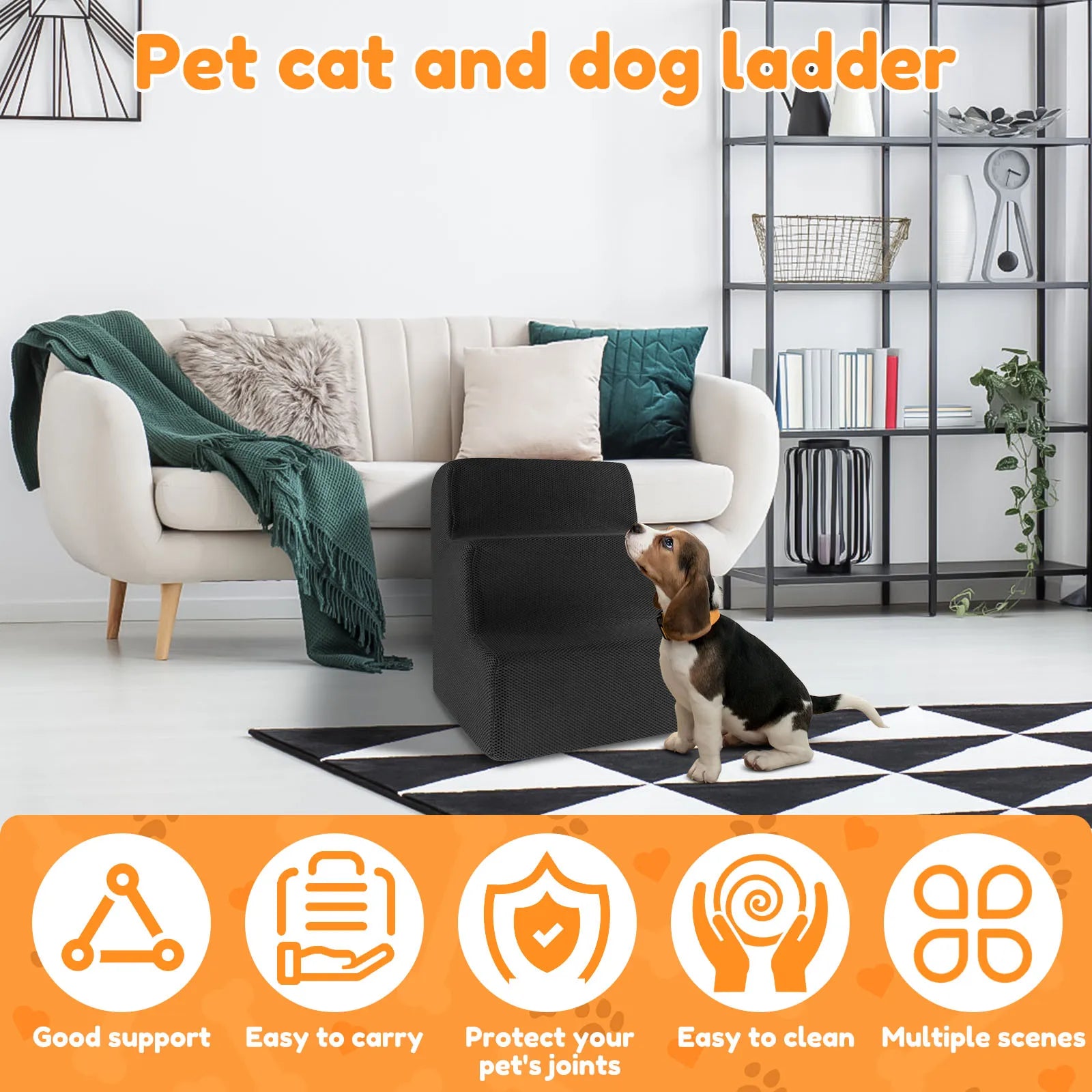 3 Step High Density, Soft Foam Ramp Stairs, Removable and Washable Non-Slip Dog/Cat Steps
