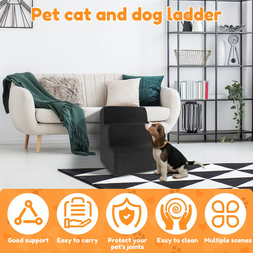 3 Step High Density, Soft Foam Ramp Stairs, Removable and Washable Non-Slip Dog/Cat Steps