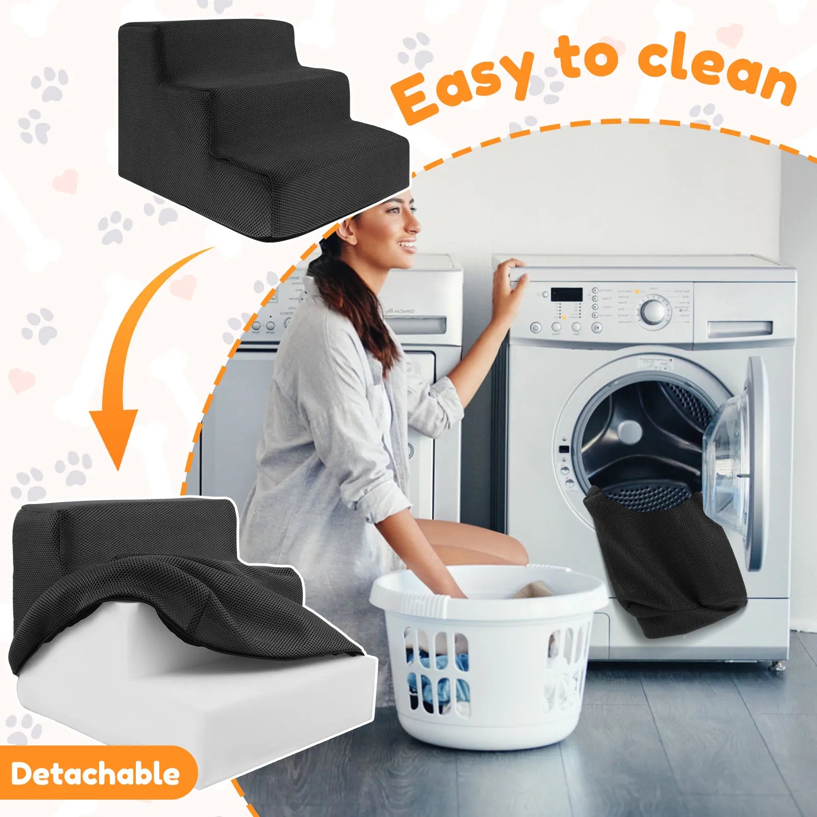 3 Step High Density, Soft Foam Ramp Stairs, Removable and Washable Non-Slip Dog/Cat Steps