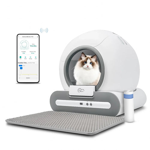 Pet smart litter box with a cat inside, smartphone app on the left, and water bottle on the right.