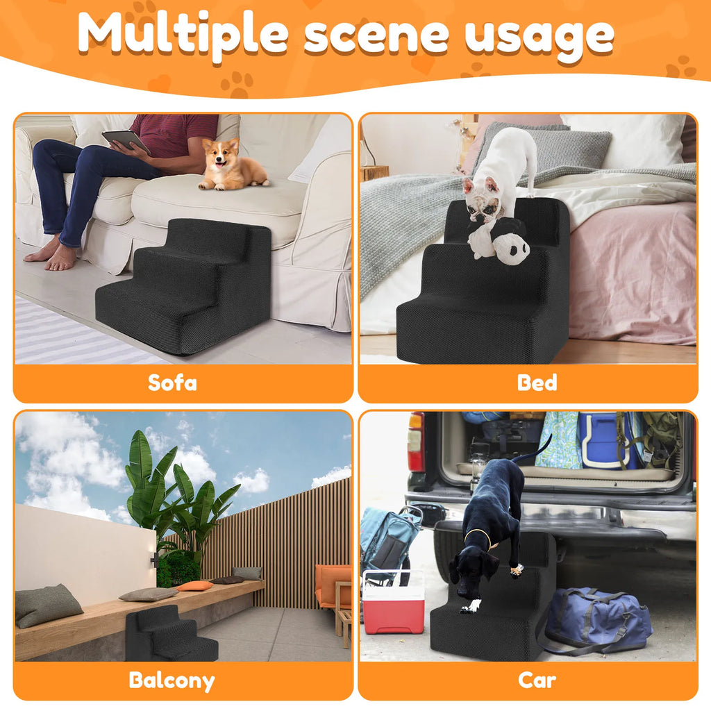 3 Step High Density, Soft Foam Ramp Stairs, Removable and Washable Non-Slip Dog/Cat Steps