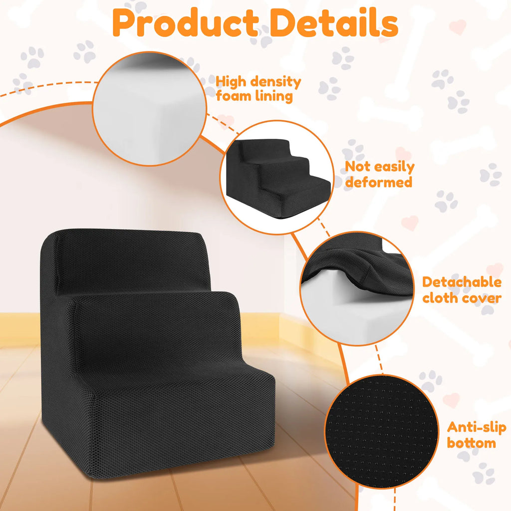 3 Step High Density, Soft Foam Ramp Stairs, Removable and Washable Non-Slip Dog/Cat Steps
