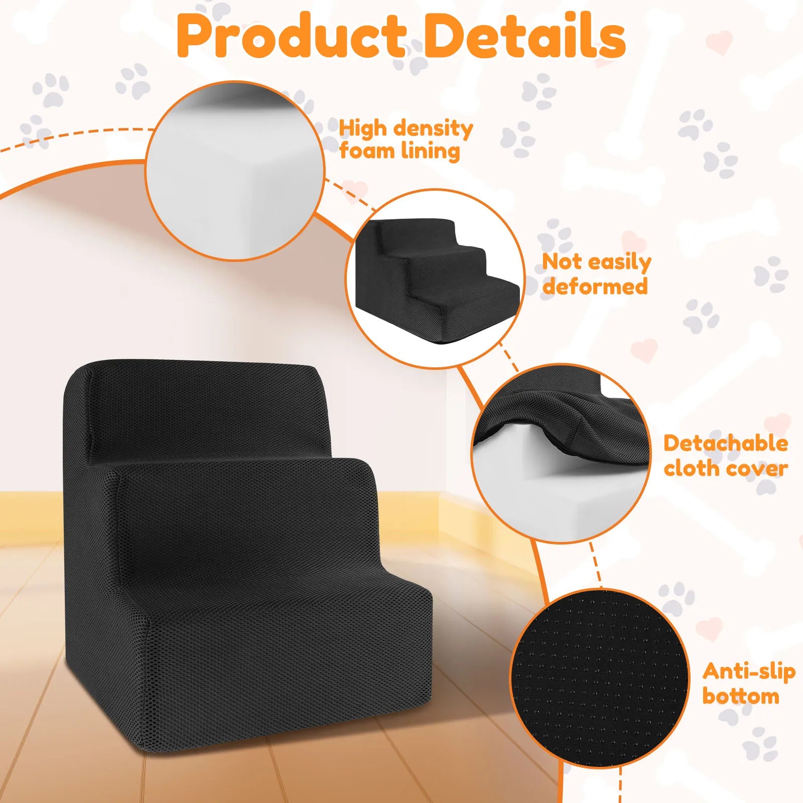 3 Step High Density, Soft Foam Ramp Stairs, Removable and Washable Non-Slip Dog/Cat Steps