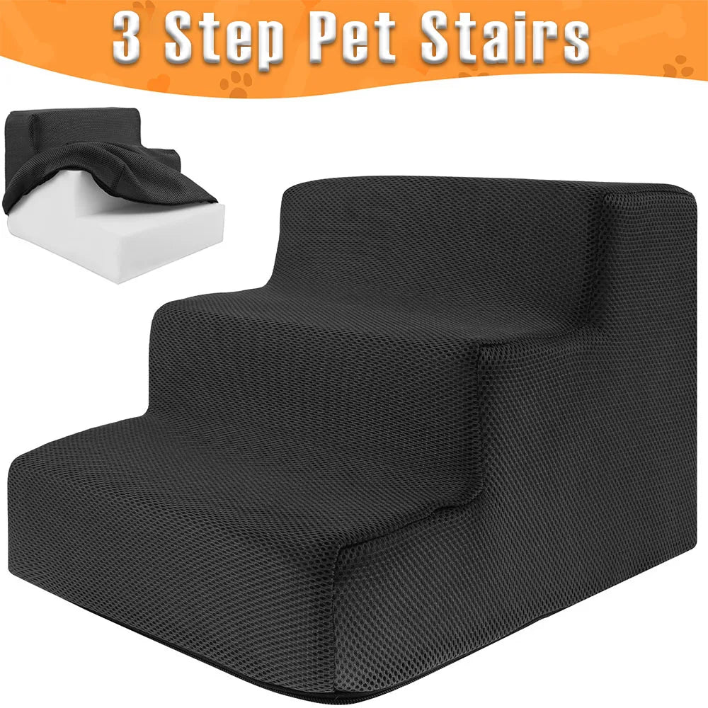 Black pet stairs with a black blanket on top, set against a white background.