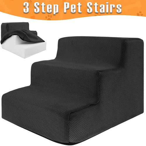 Black pet stairs with a black blanket on top, set against a white background.