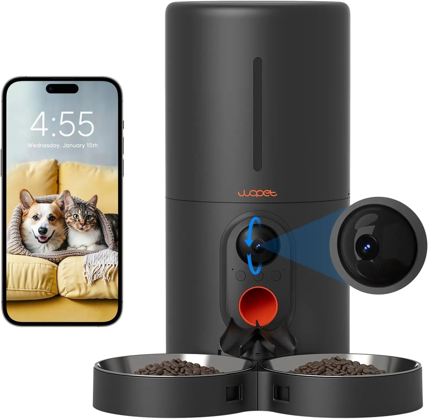 Pet feeder with camera and smartphone displaying pets on screen