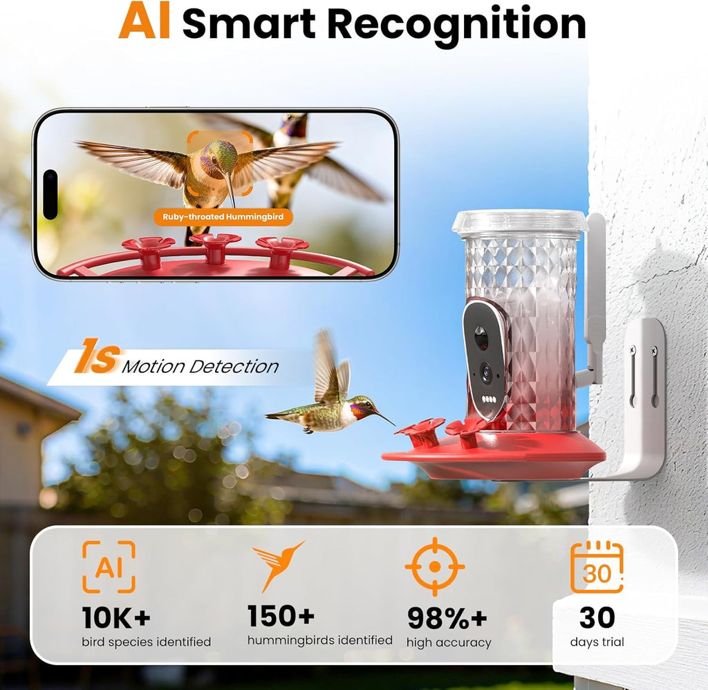 Hummingbird Feeder Camera Solar WiFi 2.5K HD AI Night Vision