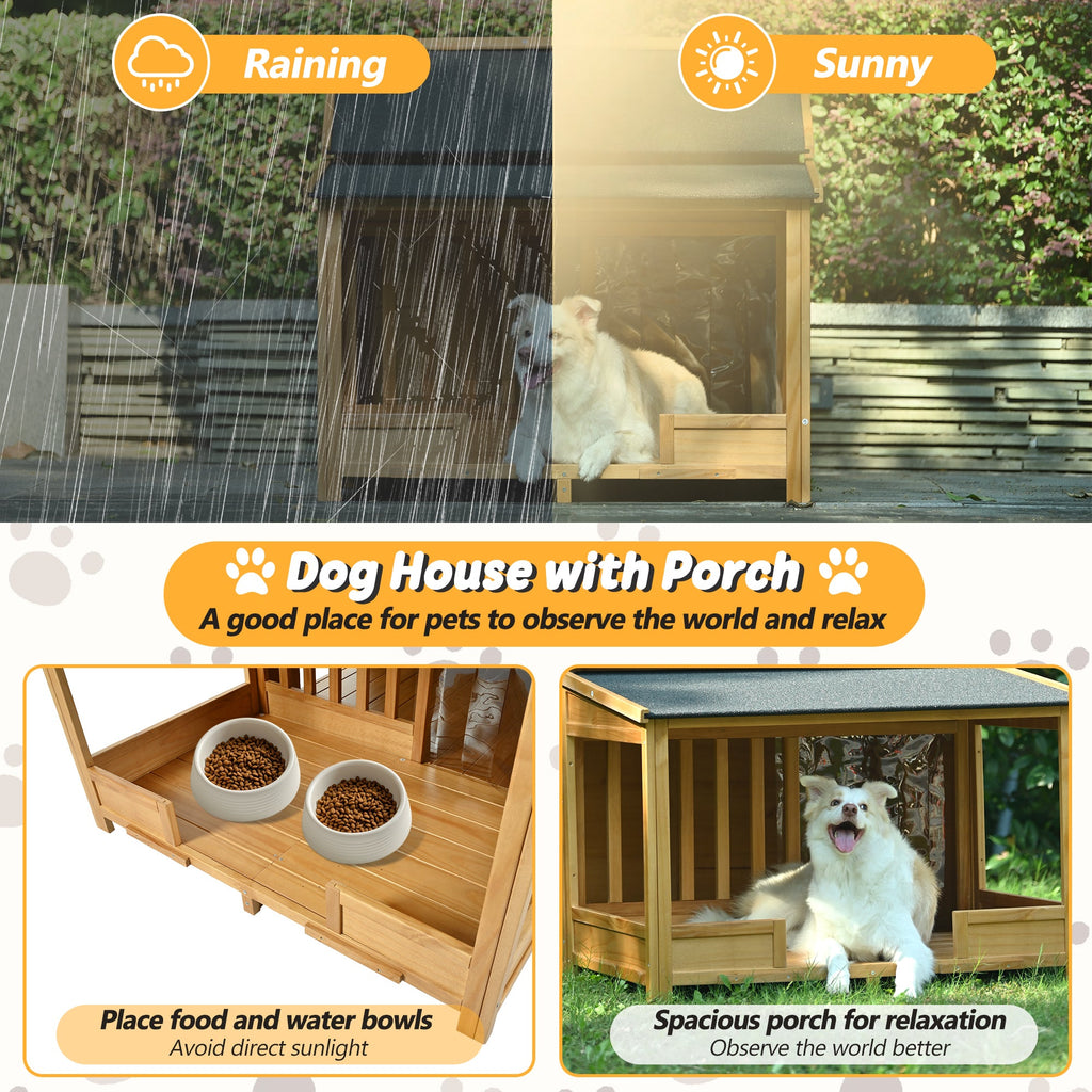 60.2' Large Outdoor Dog House with Insulated Liner for Winter, Waterproof Dog Kennel for Medium & Large Dogs, with Porch and Asphalt Roof on Elevated Flooring.