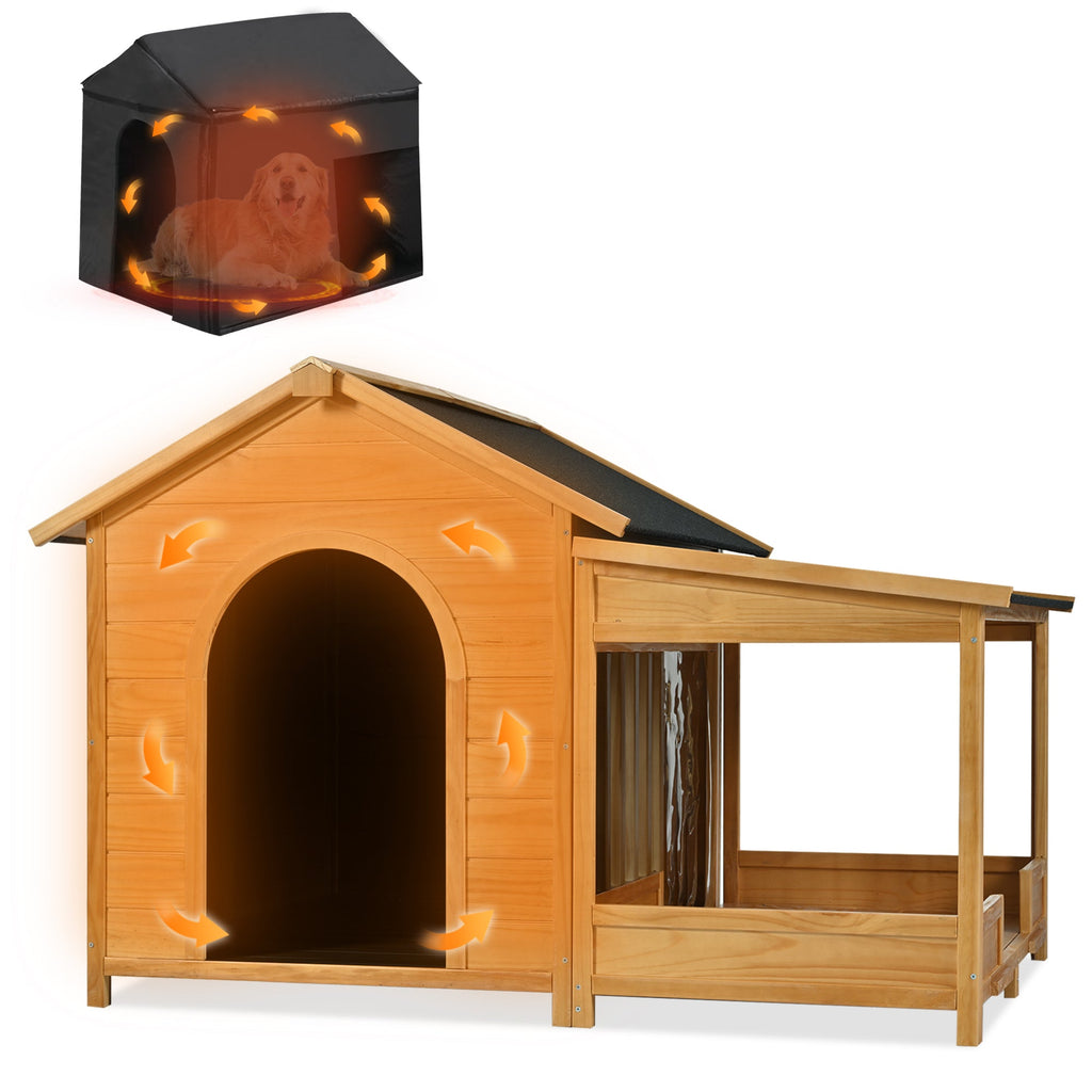 60.2' Large Outdoor Dog House with Insulated Liner for Winter, Waterproof Dog Kennel for Medium & Large Dogs, with Porch and Asphalt Roof on Elevated Flooring.