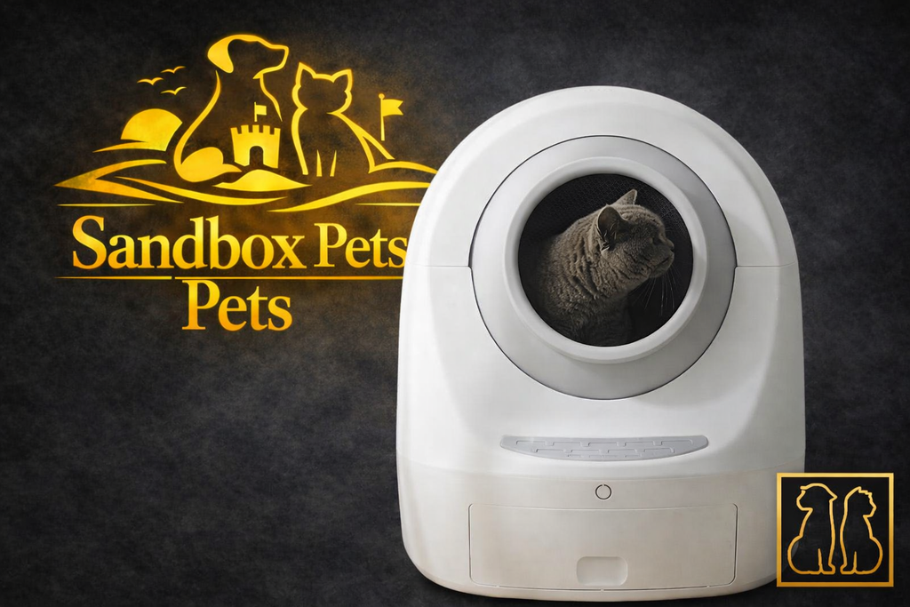 A white automatic cat litter box with a round opening showing a gray cat inside, set against a dark textured background. A large golden 'Sandbox Pets' logo is displayed on the left, and a small matching logo is in the bottom-right corner.