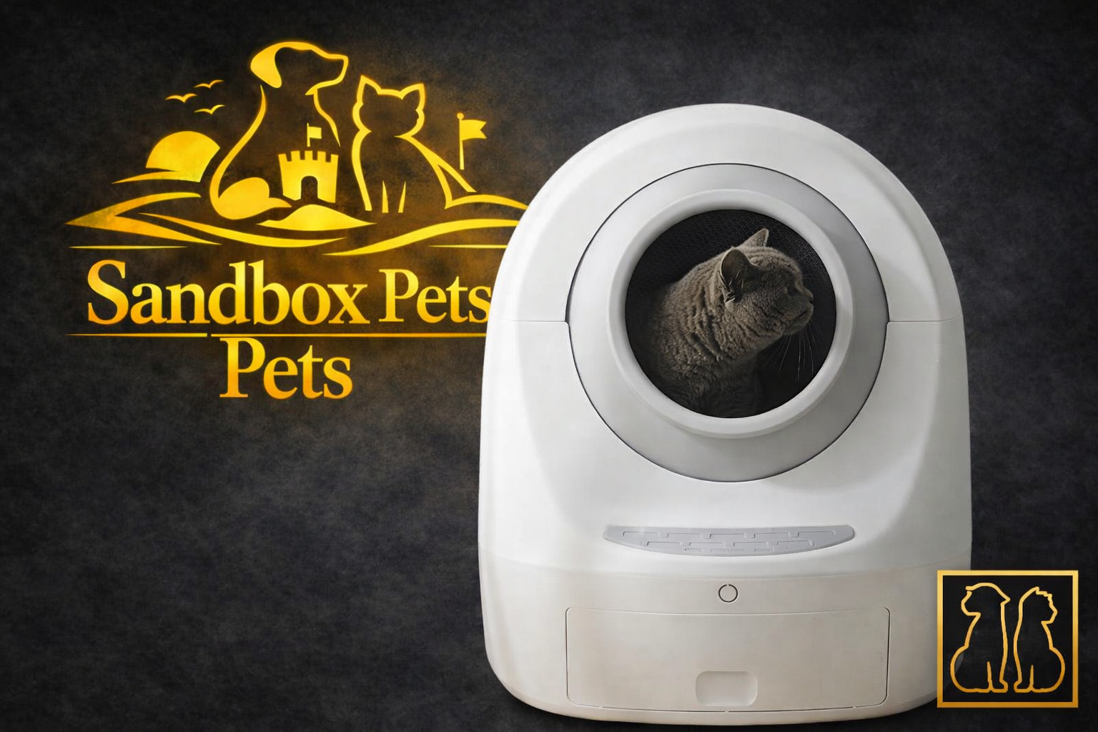 A white automatic cat litter box with a round opening showing a gray cat inside, set against a dark textured background. A large golden 'Sandbox Pets' logo is displayed on the left, and a small matching logo is in the bottom-right corner.