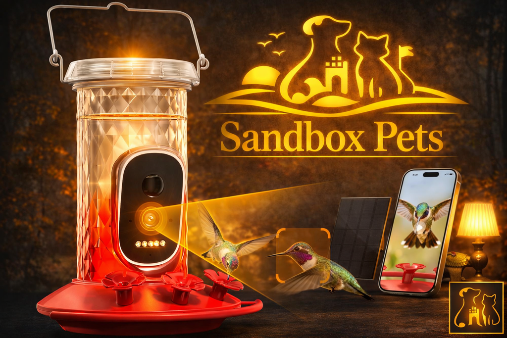 A pet sand box feeder and waterer device with a clear cylindrical jar, red base, and top handle, shown lit with warm orange glow. The image includes a smartphone screen showing a matching app, a small solar panel, and the 'Sandbox Pets' logo on a dark textured background.