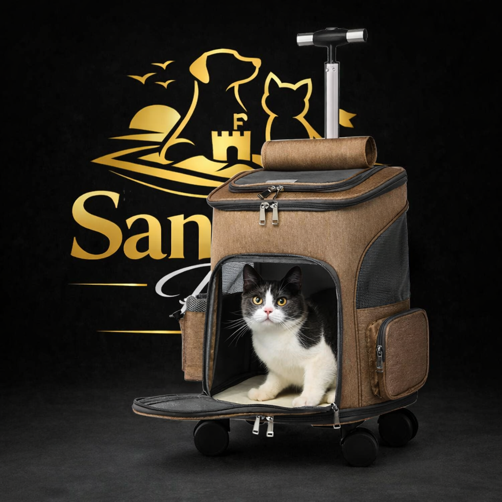A brown and black pet stroller carrier with a black-and-white cat sitting inside, shown on a dark studio background with a large gold San Fe logo behind it.