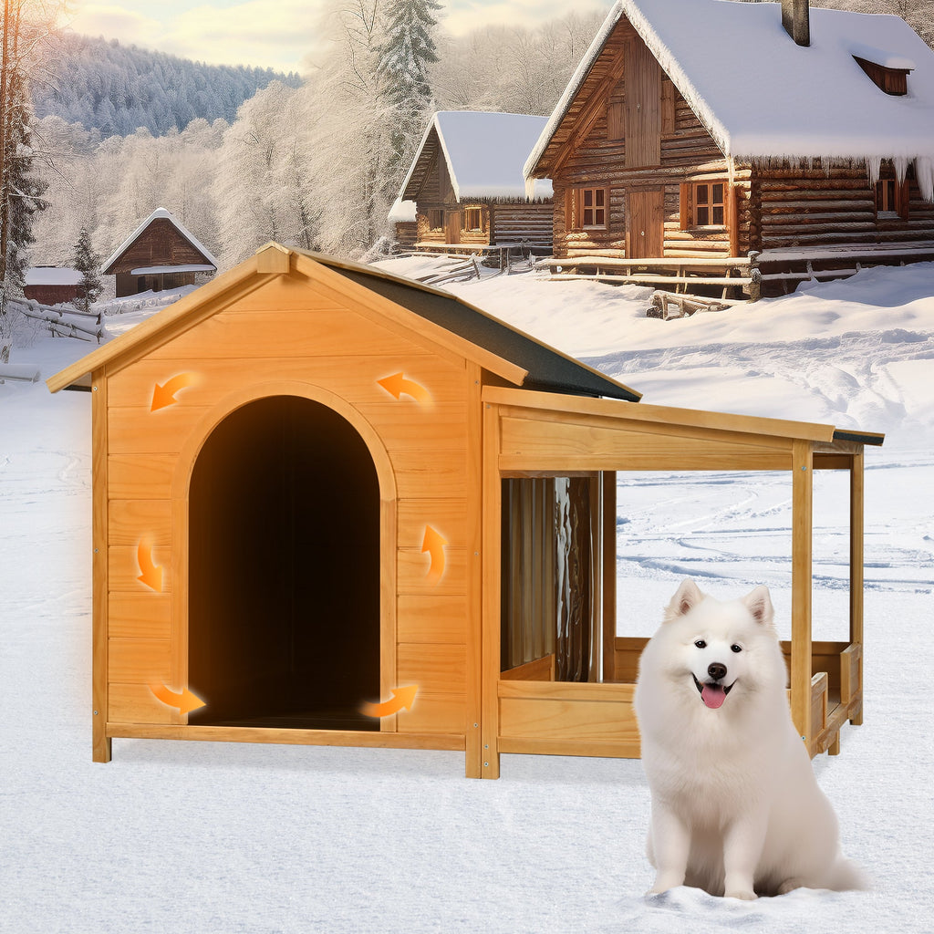60.2' Large Outdoor Dog House with Insulated Liner for Winter, Waterproof Dog Kennel for Medium & Large Dogs, with Porch and Asphalt Roof on Elevated Flooring.