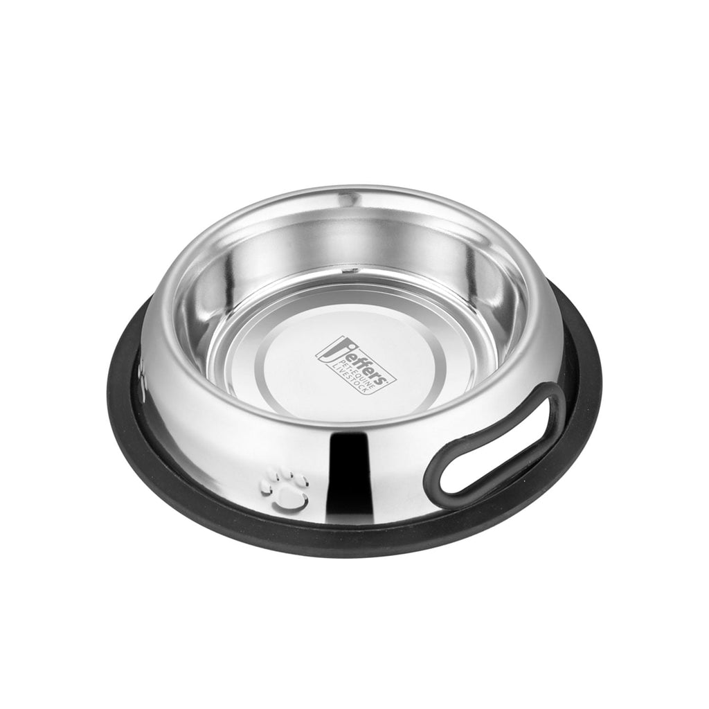 Stainless steel pet bowl with black rubber rim on a white background