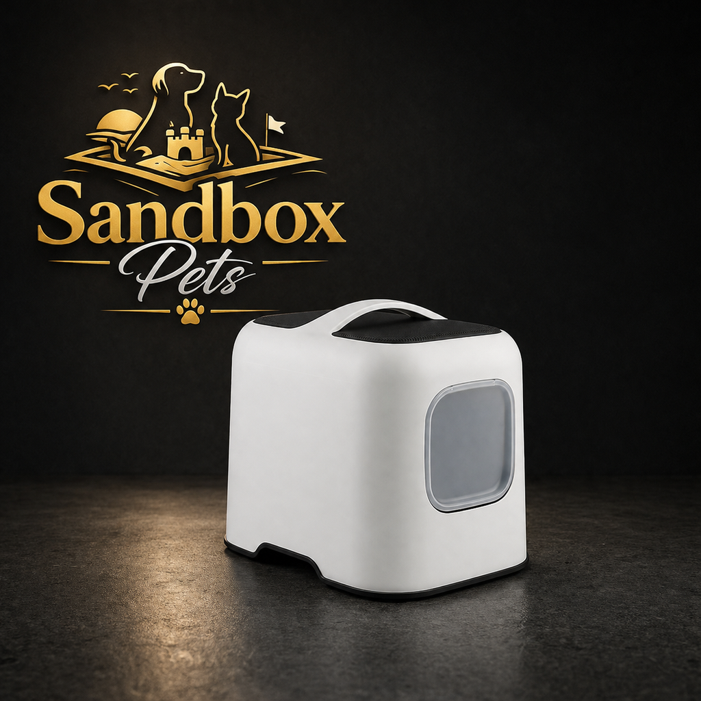 A white pet sandbox with a black handle and black base, shown on a dark studio background with a gold 'Sandbox Pets' logo and graphic in the upper left.