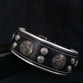 Black leather dog collar with metal studs and decorative plates on a dark background