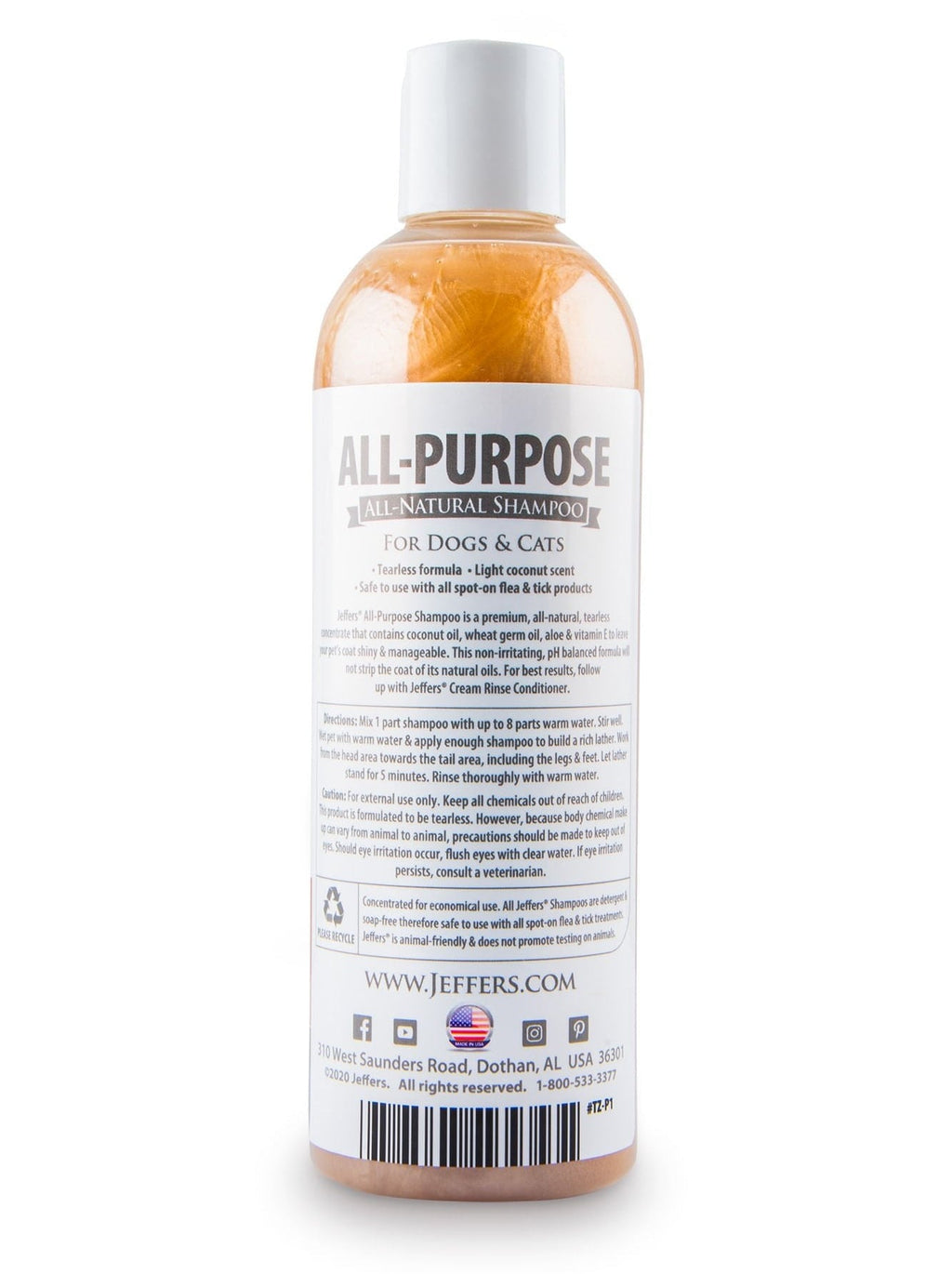 Jeffers Pet Tearless All-Purpose, All-Natural Coconut Oil Shampoo for Dogs & Cats