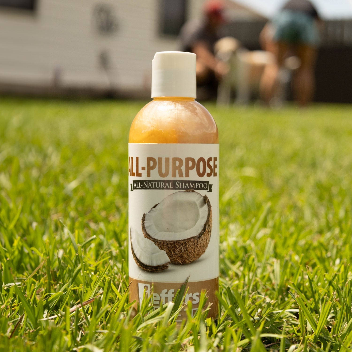 Bottle of all-purpose shampoo with a coconut design on a grassy background