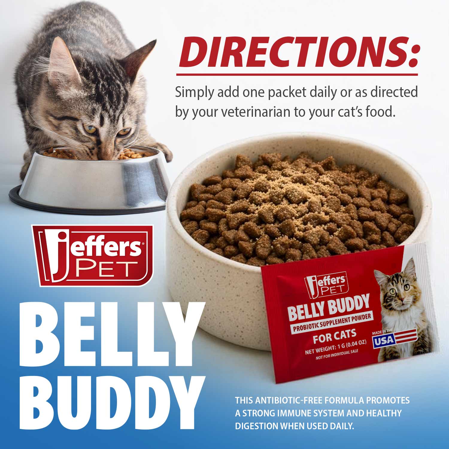 Jeffers BELLY BUDDY Probiotic Supplement Packets for Cats – Multi-Strain Digestive & Immune Support