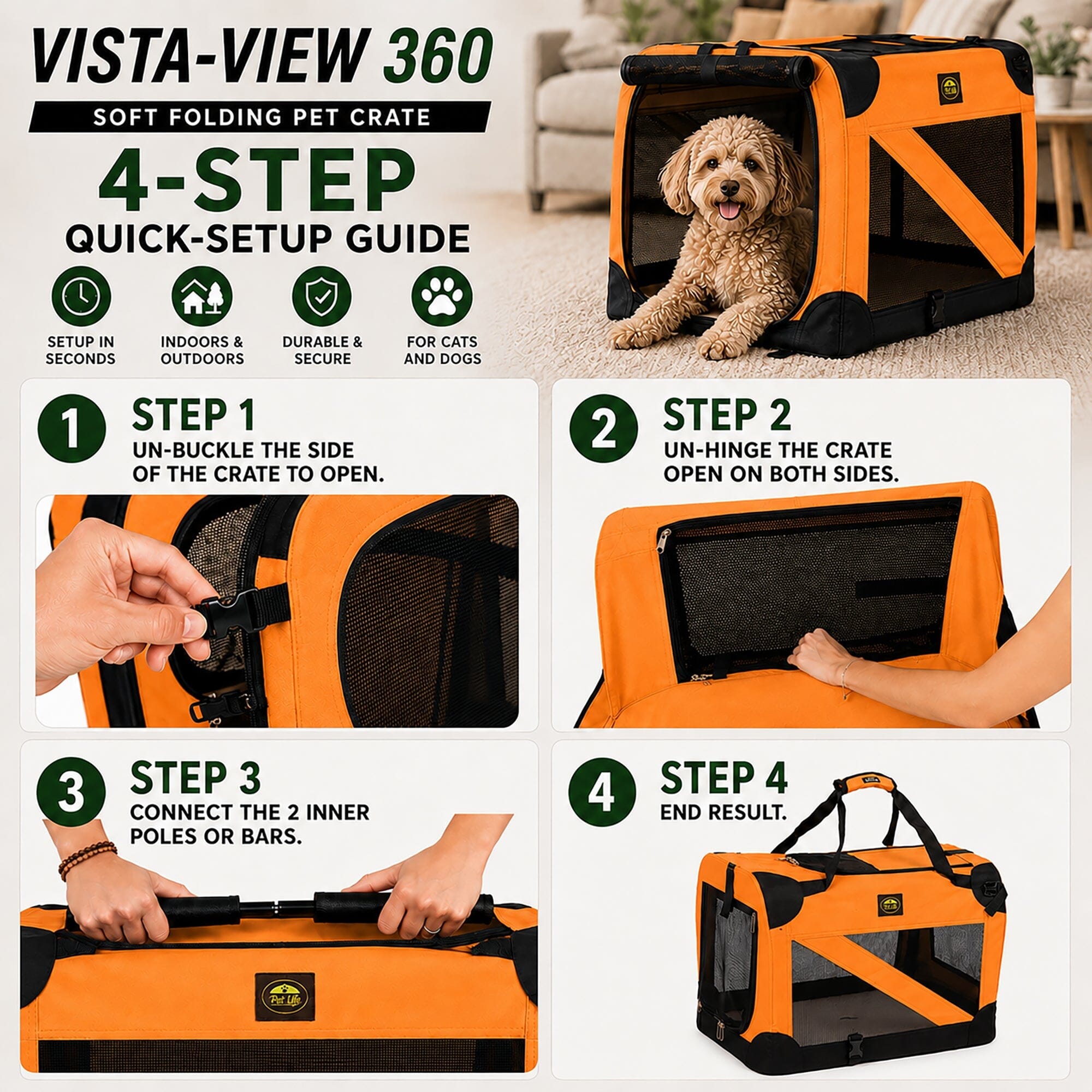 Pet Life ® '360° Vista View' Zippered Soft Folding Collapsible Durable Pet Crate Carrier.