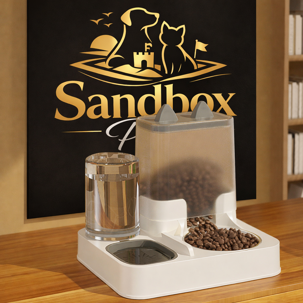 A white automatic pet feeder and water dispenser set on a wooden table, with a clear water glass and a transparent food hopper filled with dog food. A black wall behind it displays a large gold 'Sandbox' logo.