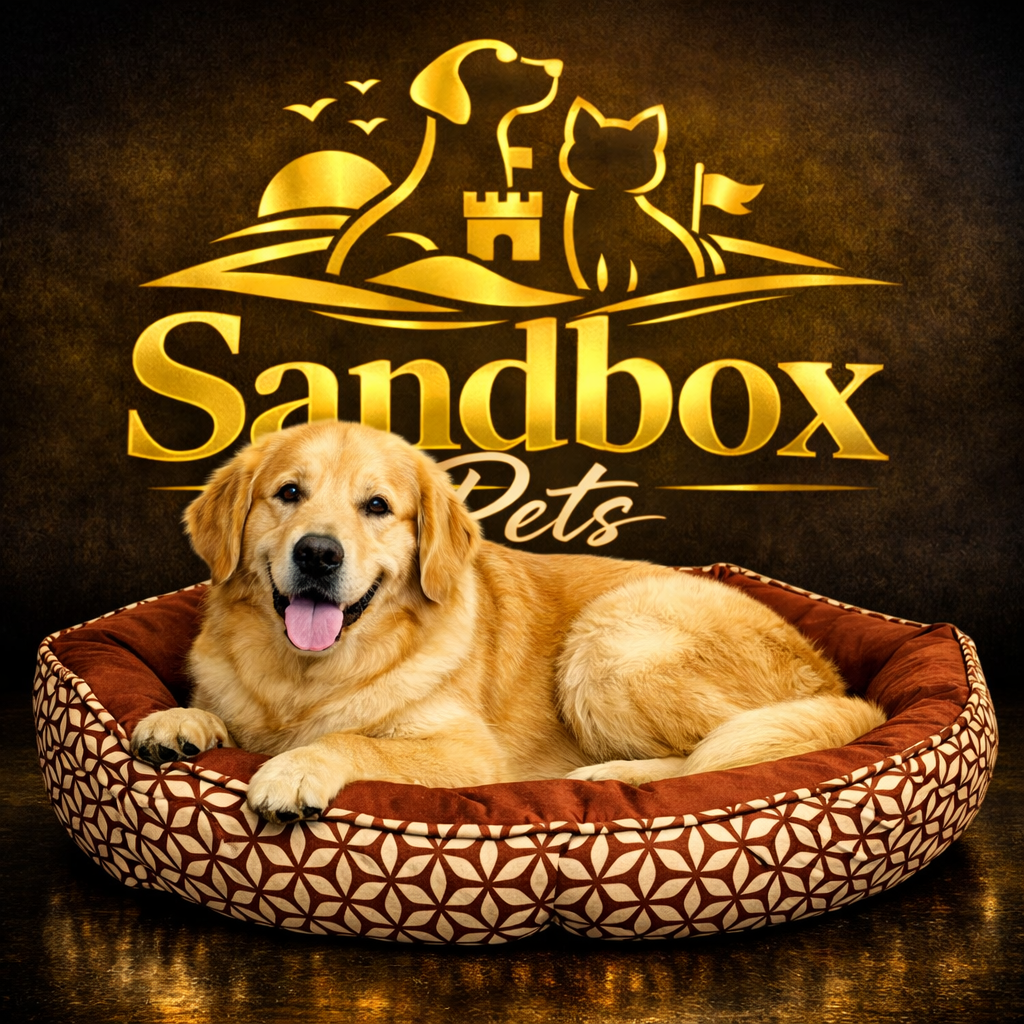 A golden retriever dog lies in a brown patterned pet bed with a brown cushioned interior, set against a dark textured background with a large gold 'Sandbox Pets' logo and silhouettes of a dog, cat, and castle.